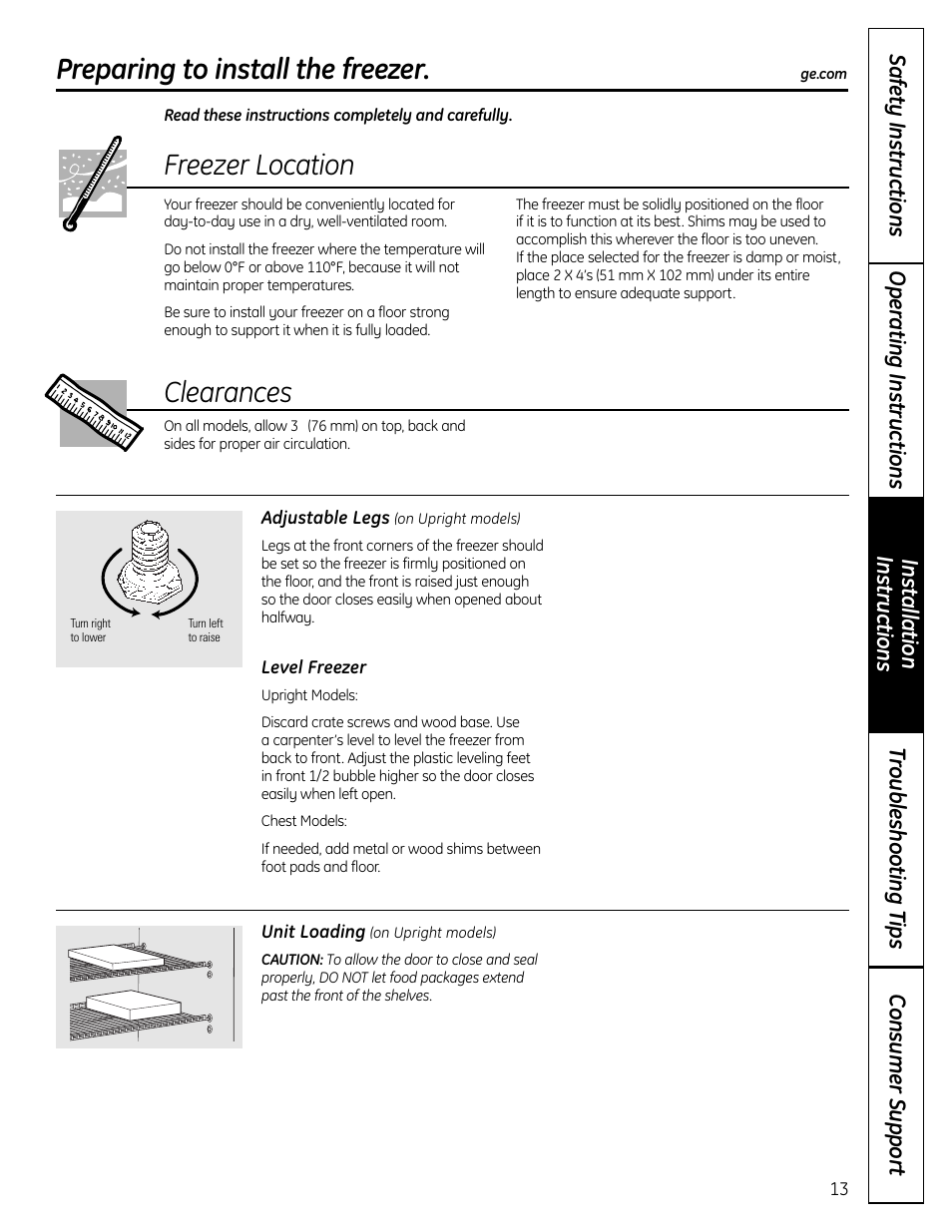 Preparing to install the freezer, Freezer location, Clearances | GE FUF12 User Manual | Page 13 / 60