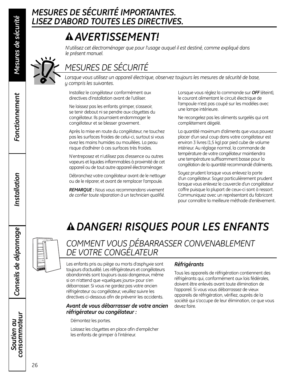 Mesures de sécurité, Avertissement, Danger! risques pour les enfants | GE FUF12 User Manual | Page 26 / 60