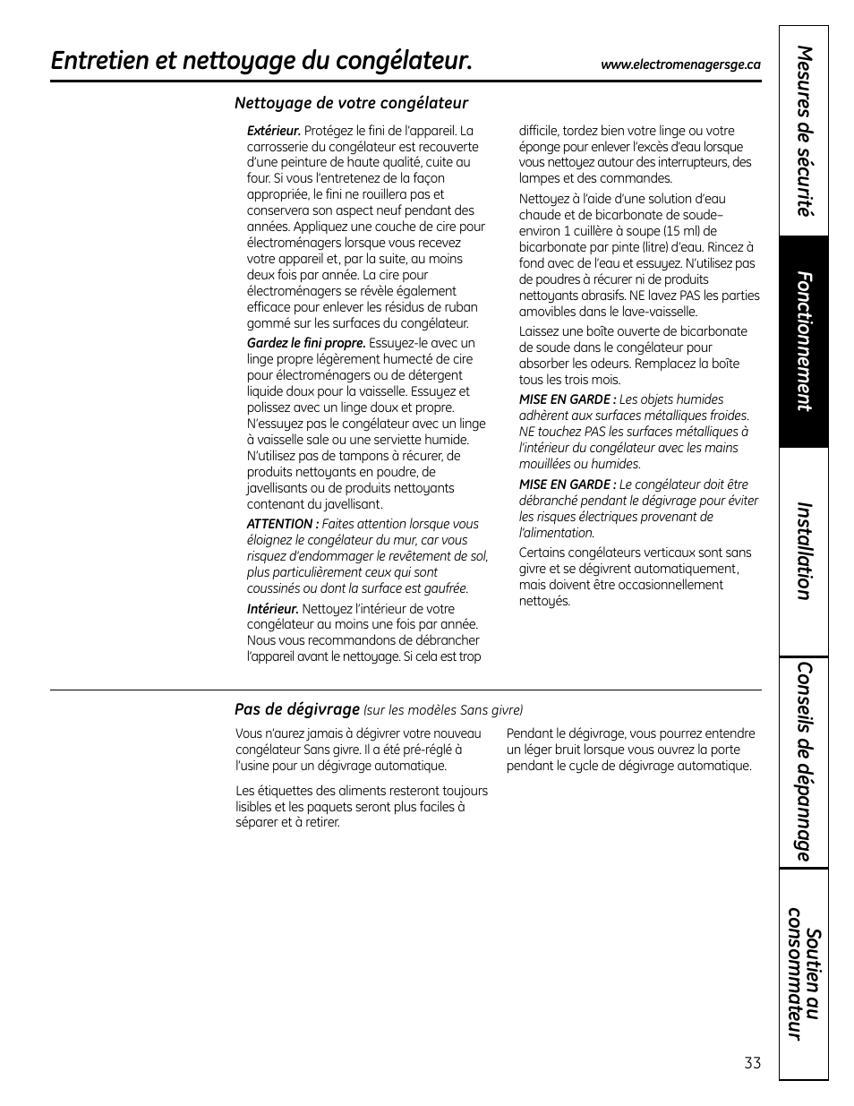 Entretien et nettoyage, Entretien et nettoyage –35, Entretien et nettoyage du congélateur | GE FUF12 User Manual | Page 33 / 60