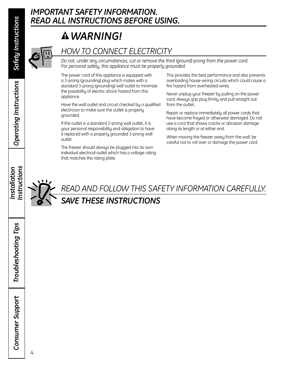 Warning, How to connect electricity | GE FUF12 User Manual | Page 4 / 60