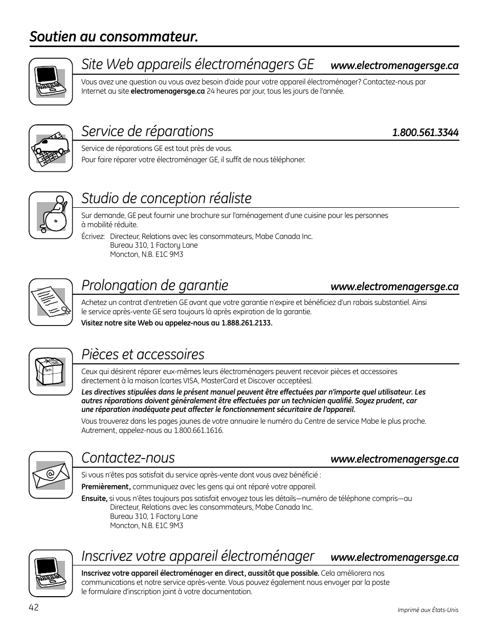 Soutien au consommateur, Service de réparations, Studio de conception réaliste | Prolongation de garantie, Pièces et accessoires, Contactez-nous, Inscrivez votre appareil électroménager | GE FUF12 User Manual | Page 42 / 60