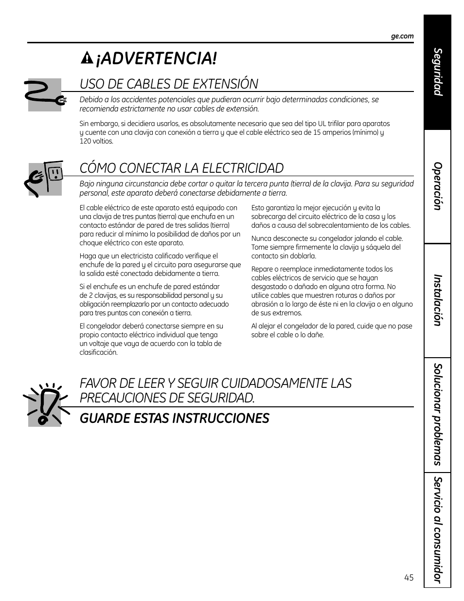 Advertencia, Cómo conectar la electricidad | GE FUF12 User Manual | Page 45 / 60