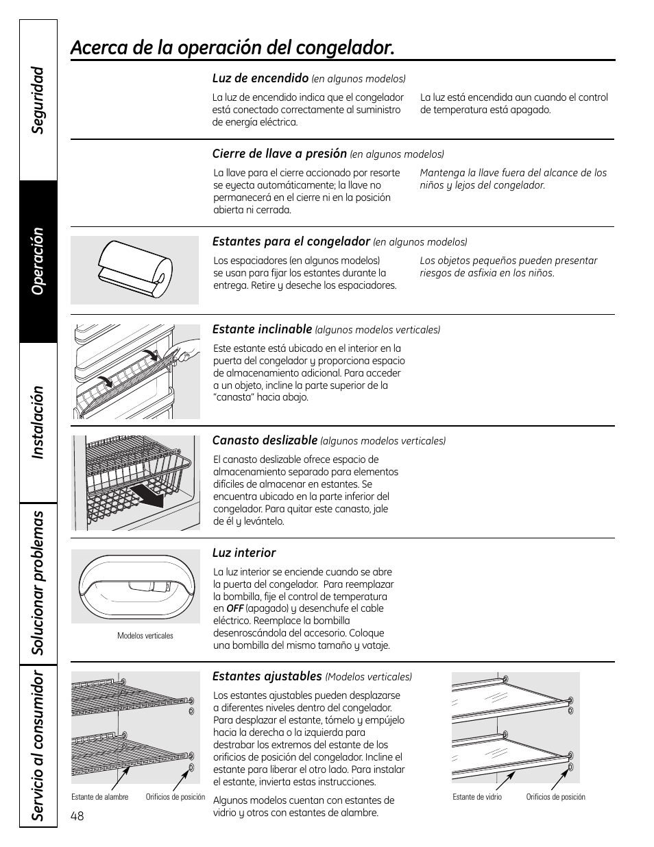 Acerca de la operación del congelador | GE FUF12 User Manual | Page 48 / 60