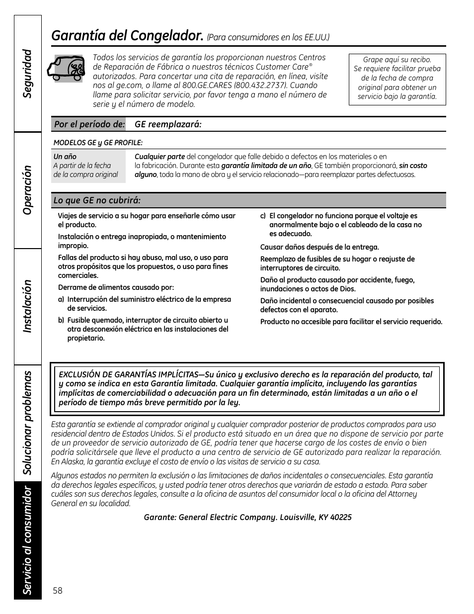 Garantía para consumidores en los estados unidos, Garantía del congelador | GE FUF12 User Manual | Page 58 / 60