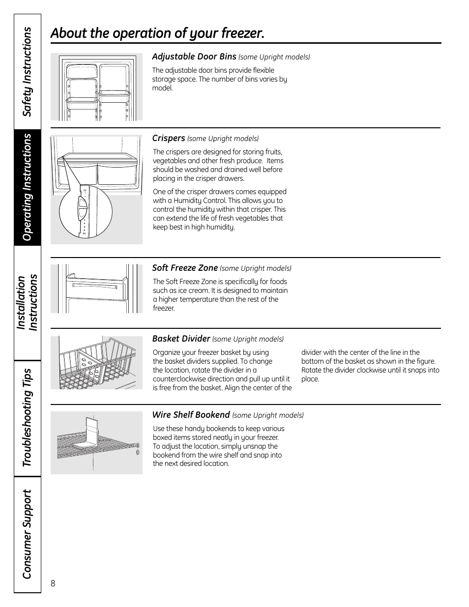 Features, About the operation of your freezer | GE FUF12 User Manual | Page 8 / 60