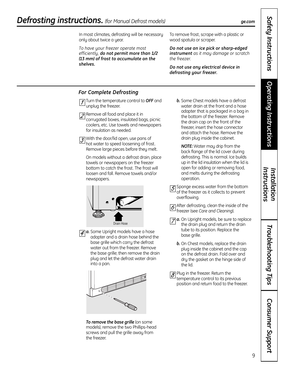 Defrosting instructions | GE FUF12 User Manual | Page 9 / 60