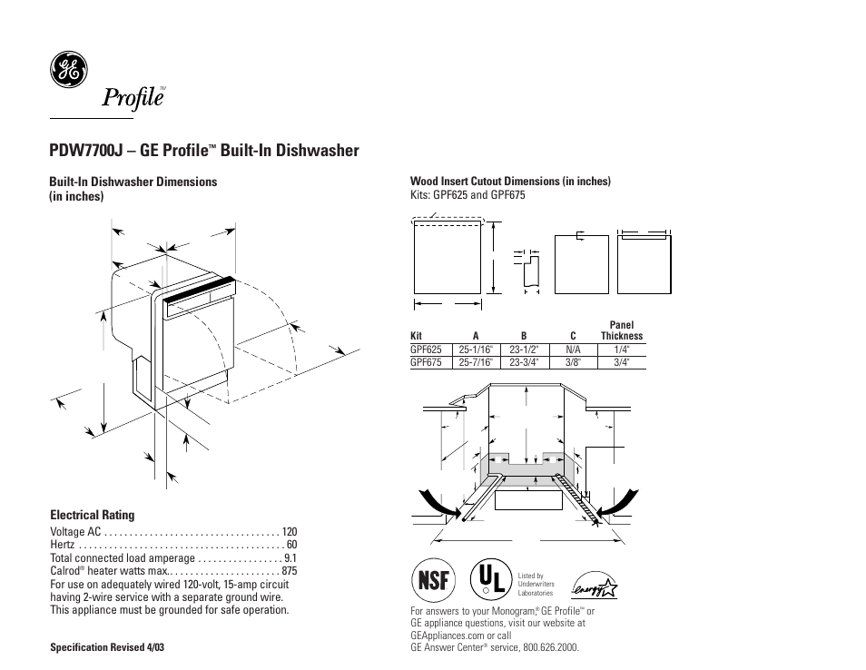 GE Profile PDW7700JBB User Manual | 2 pages