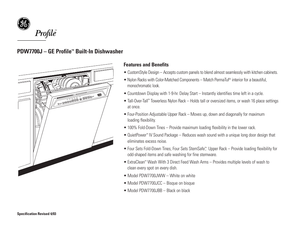 Pdw7700j – ge profile, Built-in dishwasher | GE Profile PDW7700JBB User Manual | Page 2 / 2