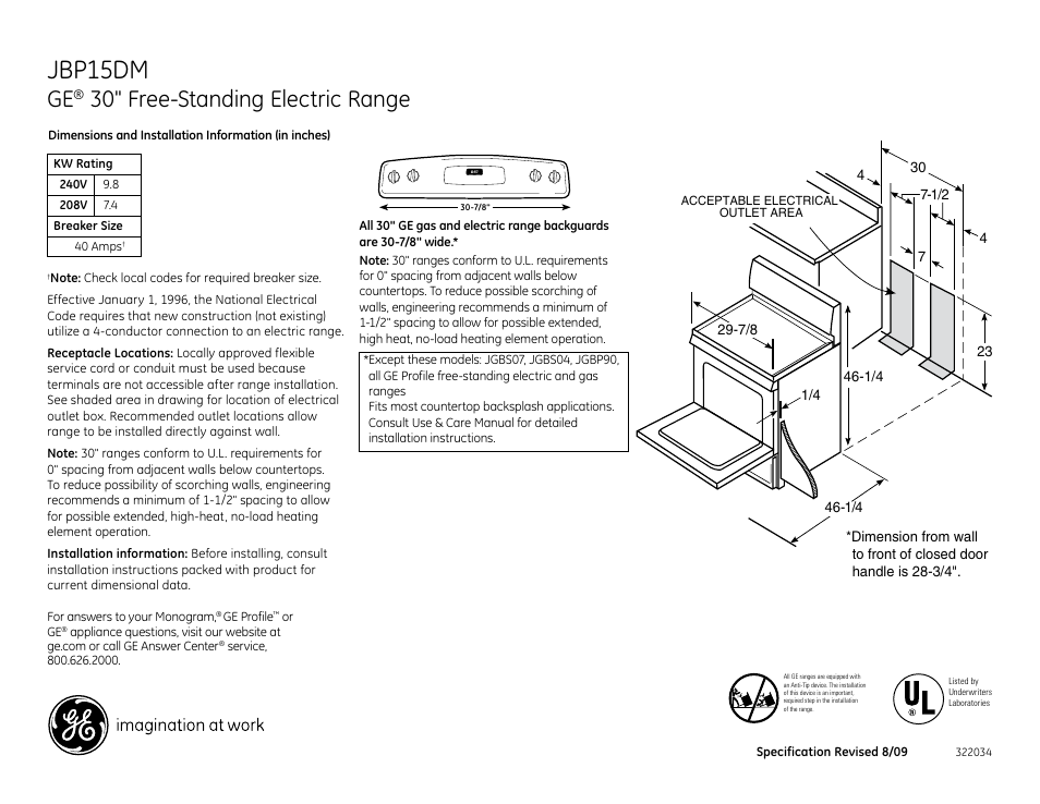 GE JBP15DM User Manual | 2 pages