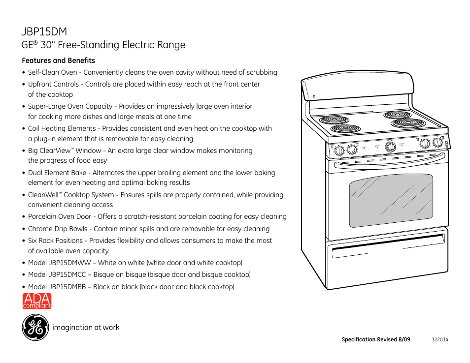 Jbp15dm, 30" free-standing electric range | GE JBP15DM User Manual | Page 2 / 2