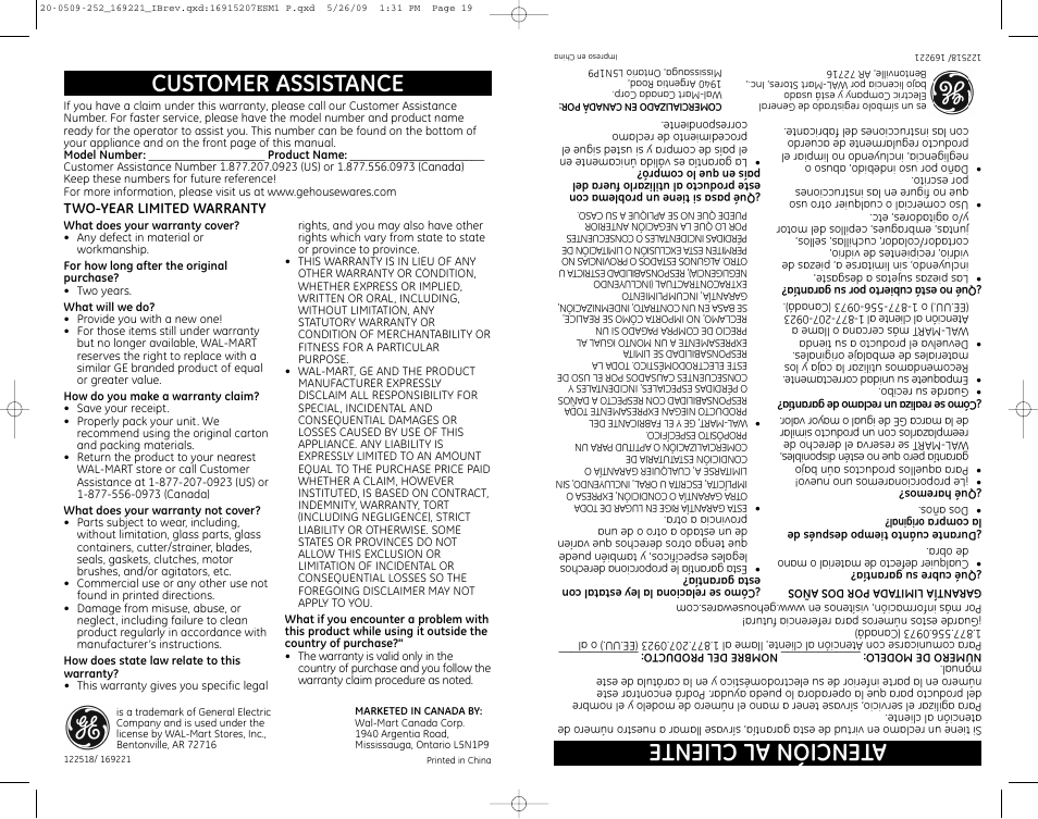 Ate nc ió na lc lie nt e, Customer assistance | GE 122518 User Manual | Page 10 / 10