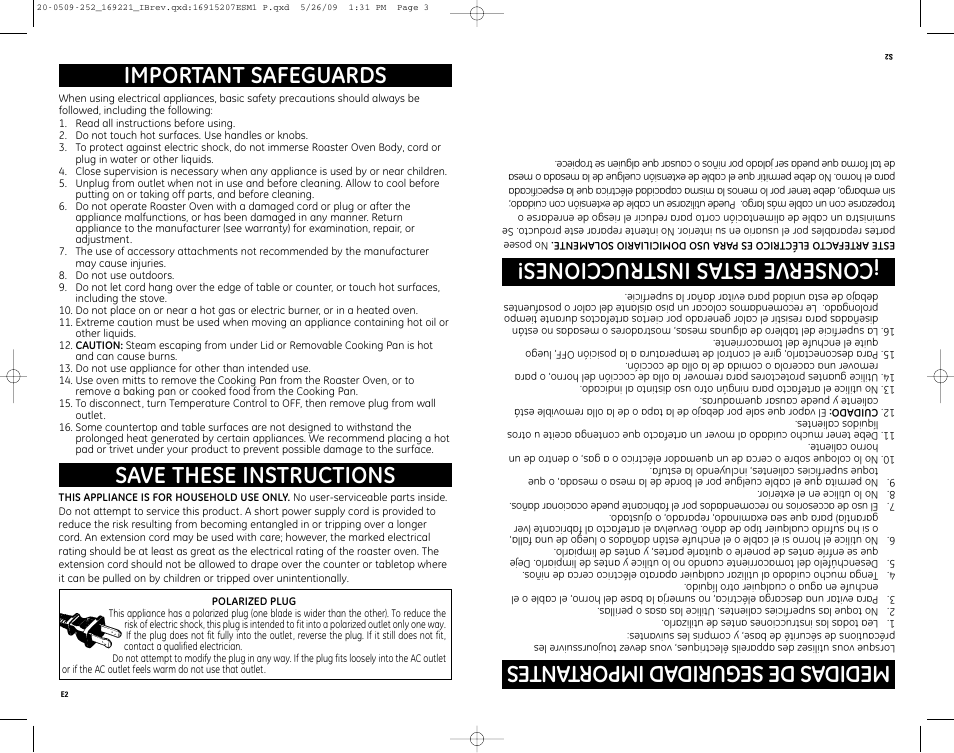 Me did as de se gu rid ad im po rta nt es, C on se rv ee sta si ns tr uc cio ne s, Save these instructions important safeguards | GE 122518 User Manual | Page 2 / 10