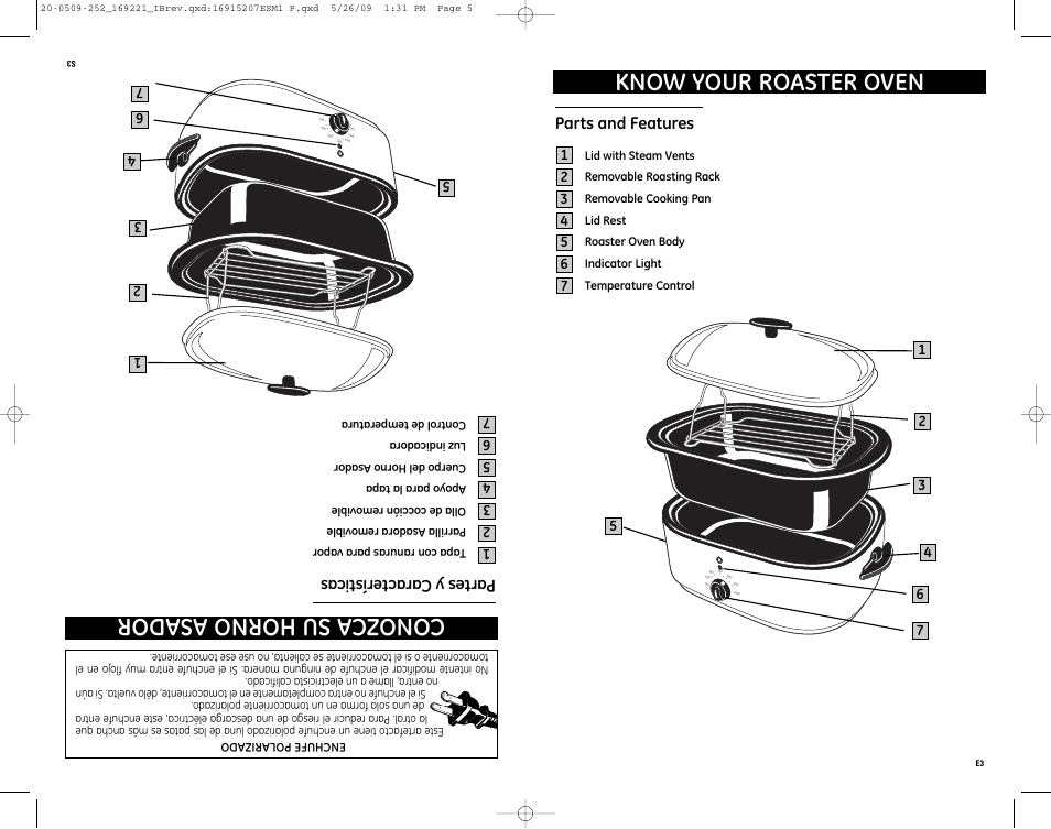 Know your roaster oven, Co no zc as uh or no as ad or, Parts and features | Pa rte sy ca ra cte rís tic as | GE 122518 User Manual | Page 3 / 10