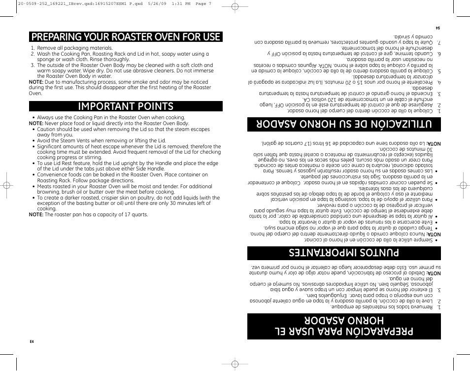 Pr ep ar ac ió np ar au sa re l ho rn oa sa do r, Pu nt os im po rta nt es, Ut il iz ac ió nd es uh or no as ad or | Preparing your roaster oven for use, Important points | GE 122518 User Manual | Page 4 / 10