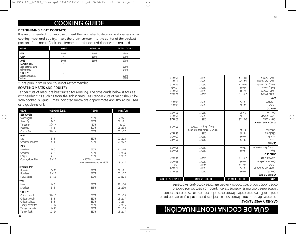 Gu ía de co cin a( co nt in ua ció n), Cooking guide | GE 122518 User Manual | Page 6 / 10