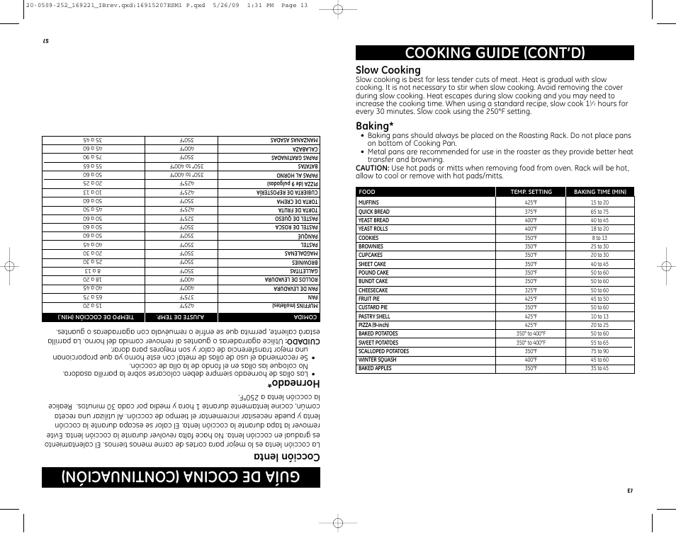Cooking guide (cont’d), Gu ía de co cin a( co nt in ua ció n), Slow cooking | Baking, Co cc ió nl en ta, Ho rn ea do | GE 122518 User Manual | Page 7 / 10