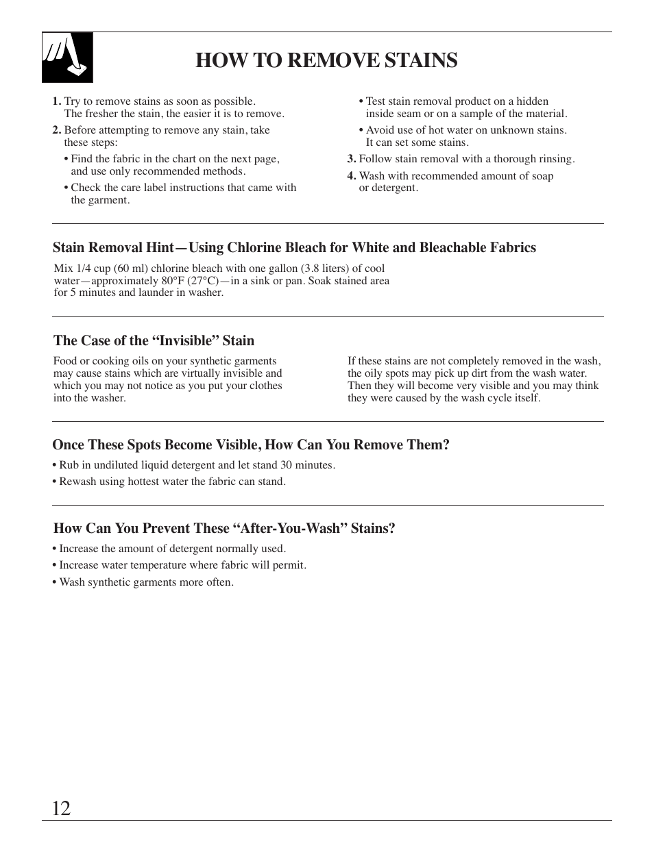 Stains, 12 how to remove stains | GE Spacemaker WSM2420 User Manual | Page 12 / 28