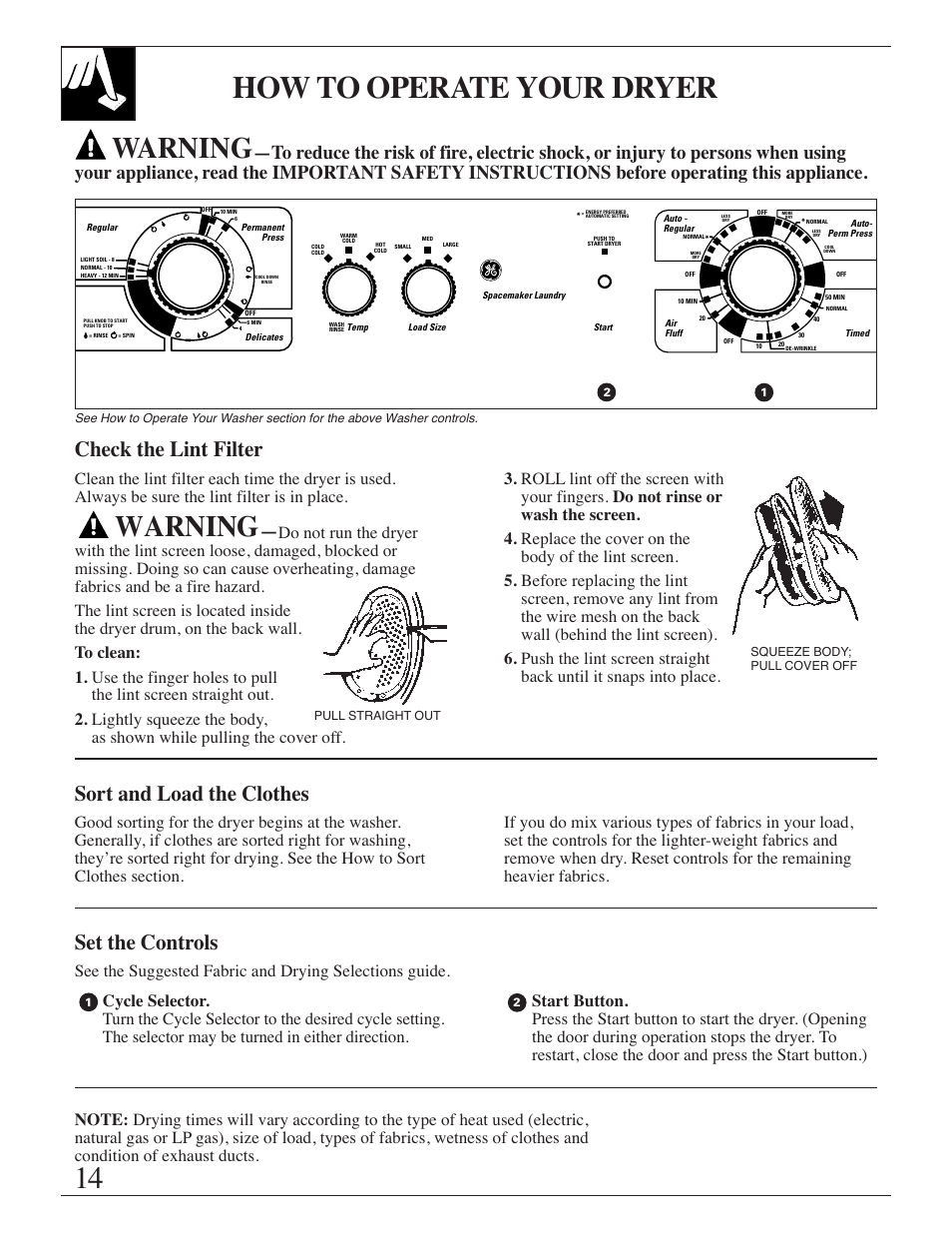 Operating the dryer, Control settings, Lint filter | Loading, Sorting, Operating the dryer –17, Lint filter , 19, Sorting , 17, How to operate your dryer, Warning | GE Spacemaker WSM2420 User Manual | Page 14 / 28