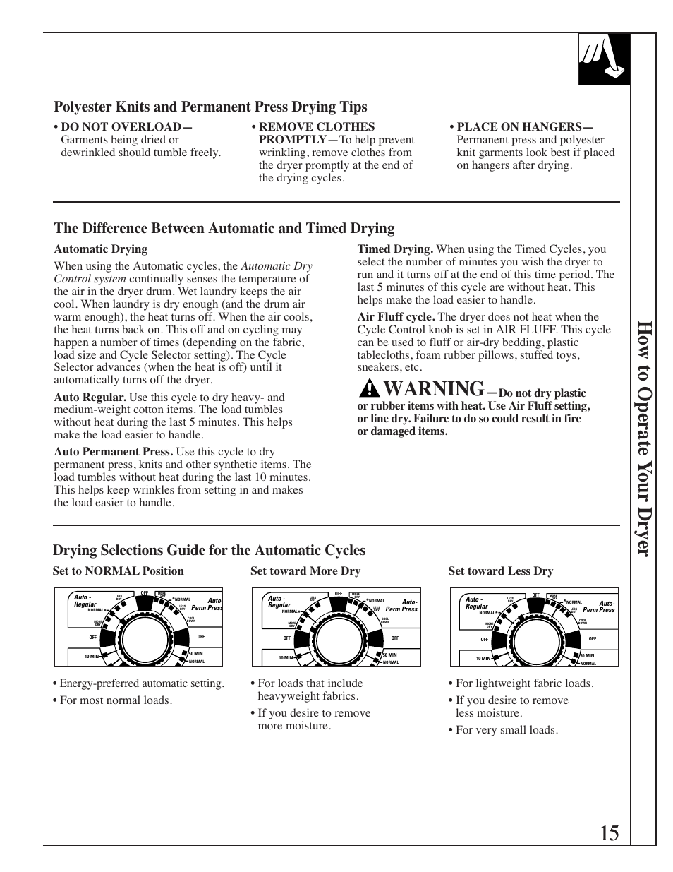 Air fluff drying, Automatic and timed drying, Warning | How to operate y our dryer, Polyester knits and permanent press drying tips, The difference between automatic and timed drying, Drying selections guide for the automatic cycles | GE Spacemaker WSM2420 User Manual | Page 15 / 28