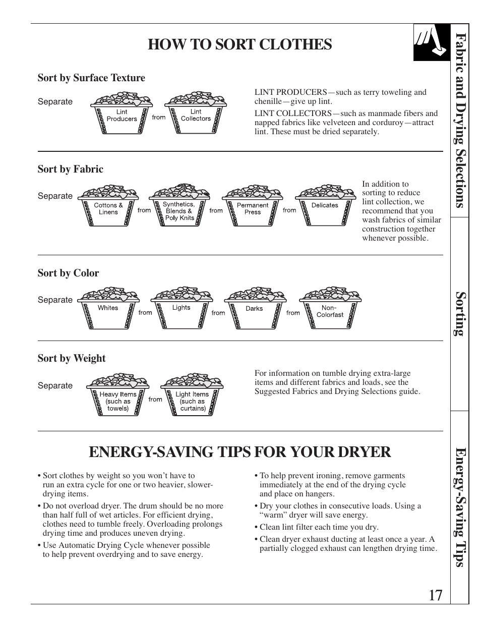 Energy-saving tips, How to sort clothes, Energy-saving tips for your dryer | GE Spacemaker WSM2420 User Manual | Page 17 / 28