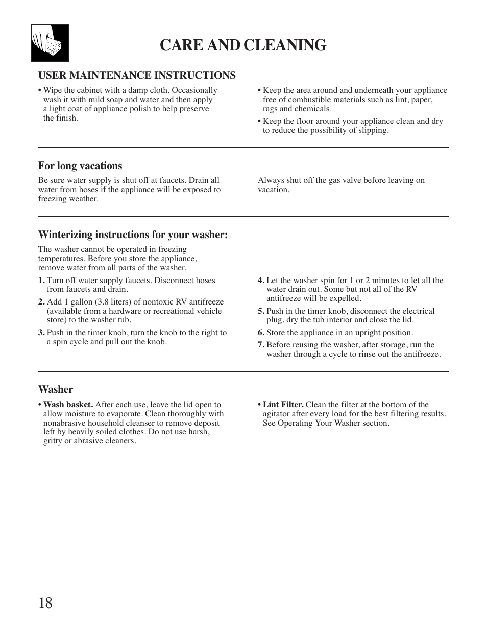 Care and cleaning, Storage and vacation tips, User maintenance instructions | 18 care and cleaning | GE Spacemaker WSM2420 User Manual | Page 18 / 28