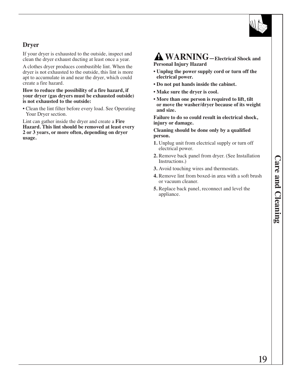 Warning, Car e and cleaning | GE Spacemaker WSM2420 User Manual | Page 19 / 28