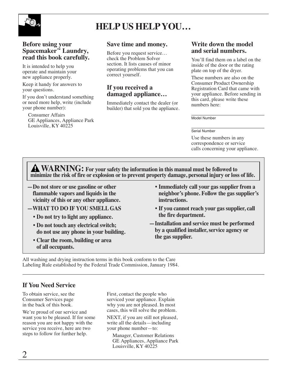 Appliance registration, Model and serial numbers, Repair service | Help us help you, Warning | GE Spacemaker WSM2420 User Manual | Page 2 / 28