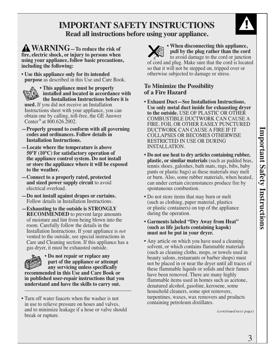 Safety instructions, Warning, Important safety instructions | Read all instructions before using your appliance | GE Spacemaker WSM2420 User Manual | Page 3 / 28