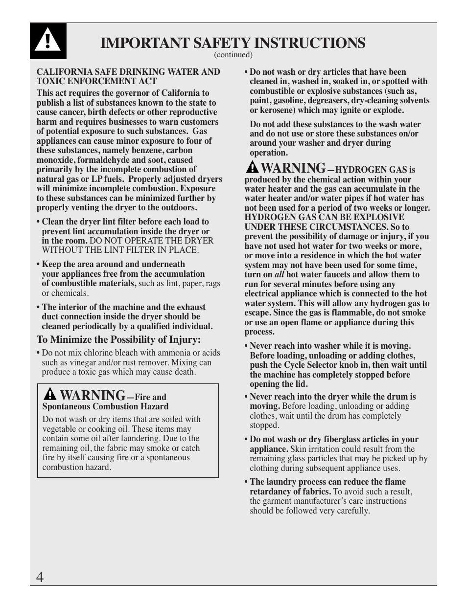 Important safety instructions, Warning | GE Spacemaker WSM2420 User Manual | Page 4 / 28