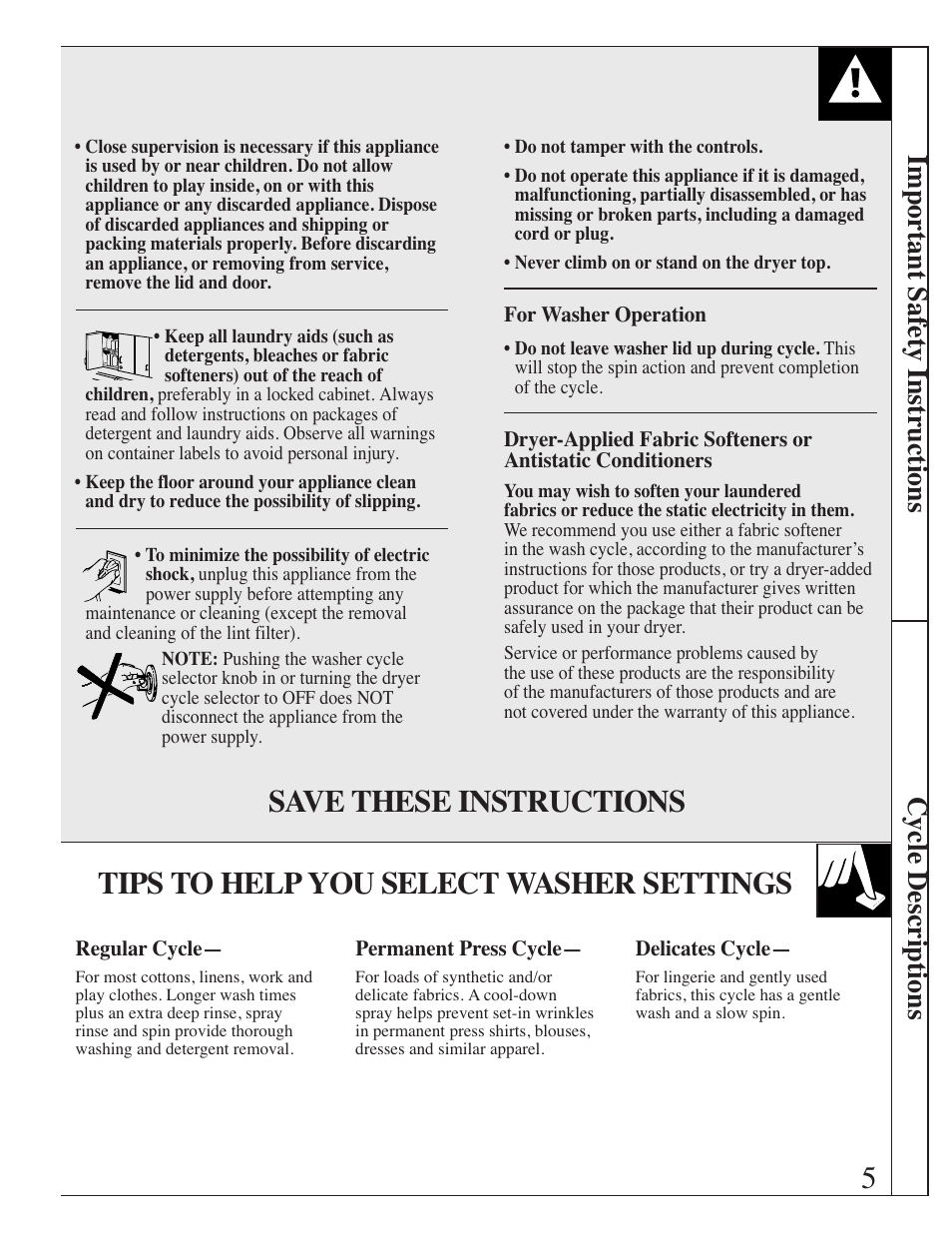 Cycle descriptions, 5tips to help you select washer settings, Save these instructions | Important safety instructions cycle descriptions | GE Spacemaker WSM2420 User Manual | Page 5 / 28