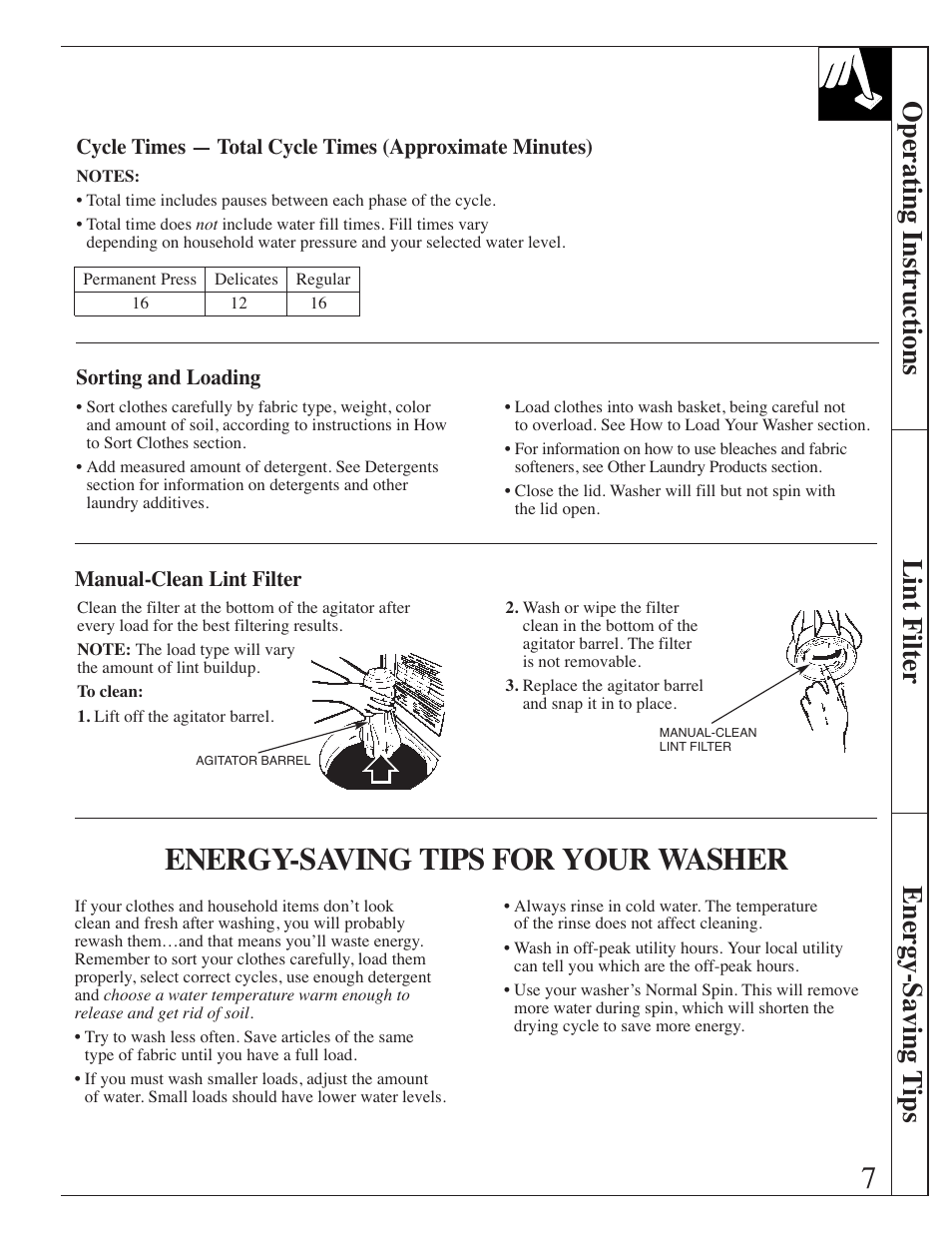 Agitator, Cycle times, Energy-saving tips | Lint filter, Loading the washer, Sorting clothes, Lint filter , 18, Loading the washer , 8, Sorting clothes , 9, Energy-saving tips for your washer | GE Spacemaker WSM2420 User Manual | Page 7 / 28