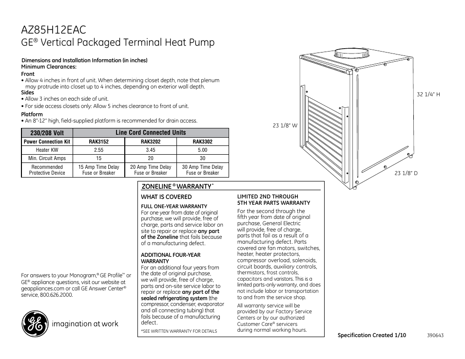 GE AZ85H12EAC User Manual | 2 pages