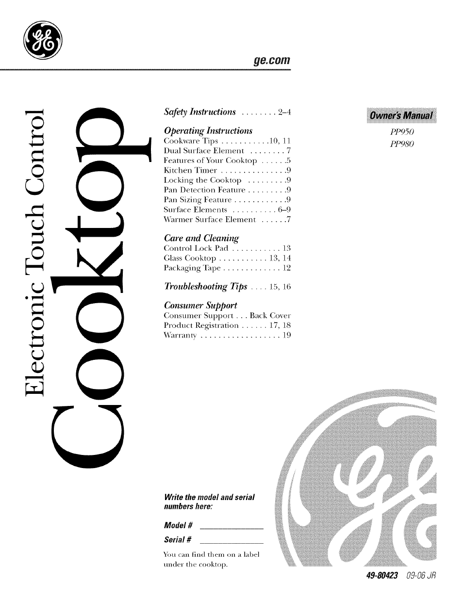 GE ELECTRONIC TOUCH CONTROL PP980 User Manual | 20 pages