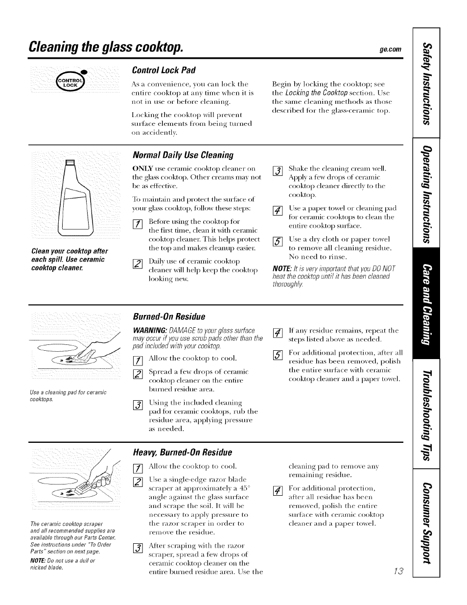 Control lock pad, Normal daily use cleaning, Burned-on residue | Control i,ock pad, Cleaning the glass cooktop | GE ELECTRONIC TOUCH CONTROL PP980 User Manual | Page 13 / 20