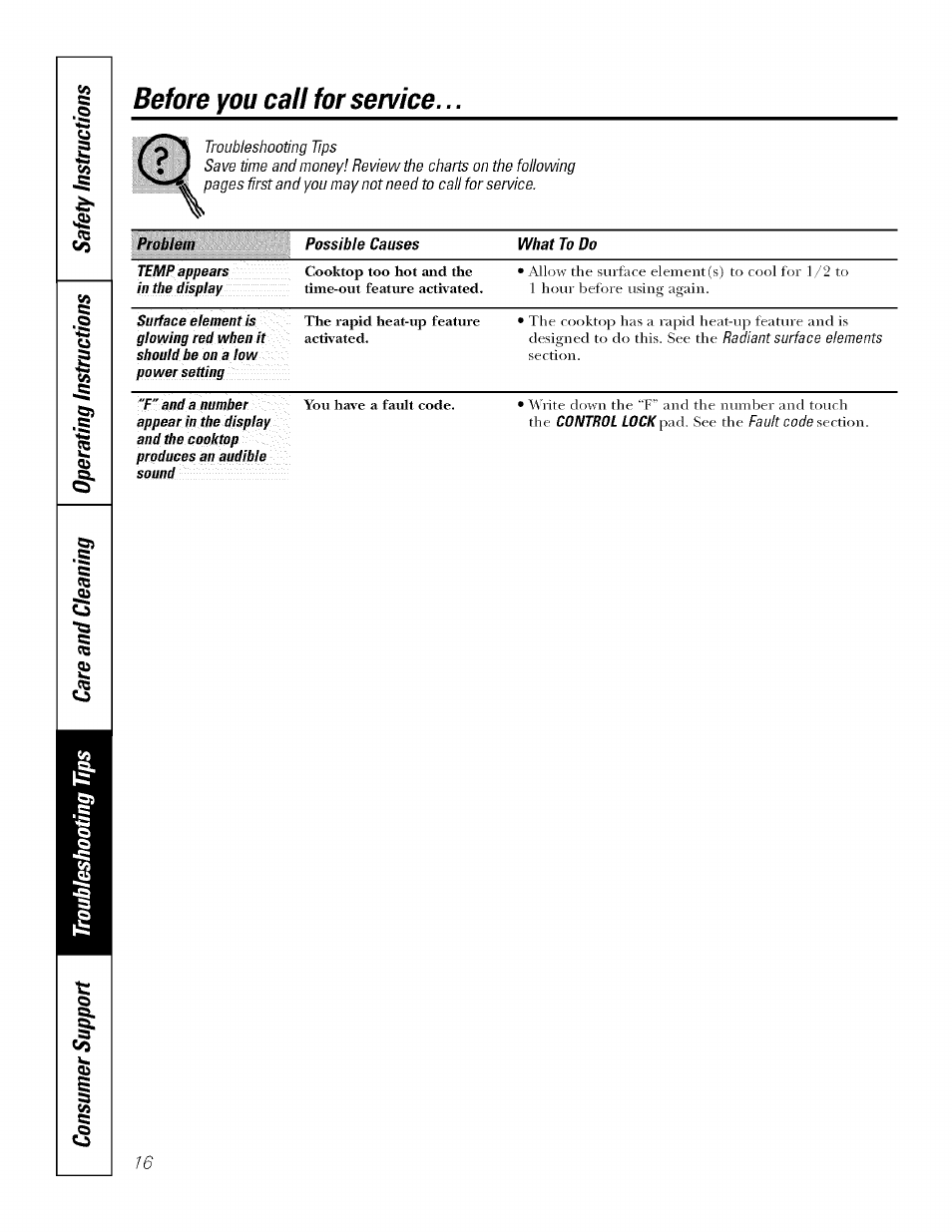 Before you call for service | GE ELECTRONIC TOUCH CONTROL PP980 User Manual | Page 16 / 20