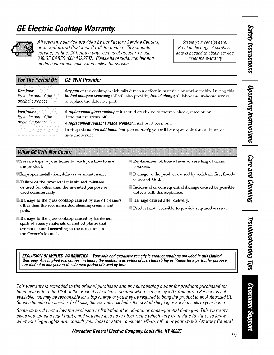 For the period of: ge will provide, What ge will not cover, Ge electric cooktop warranty | GE ELECTRONIC TOUCH CONTROL PP980 User Manual | Page 19 / 20