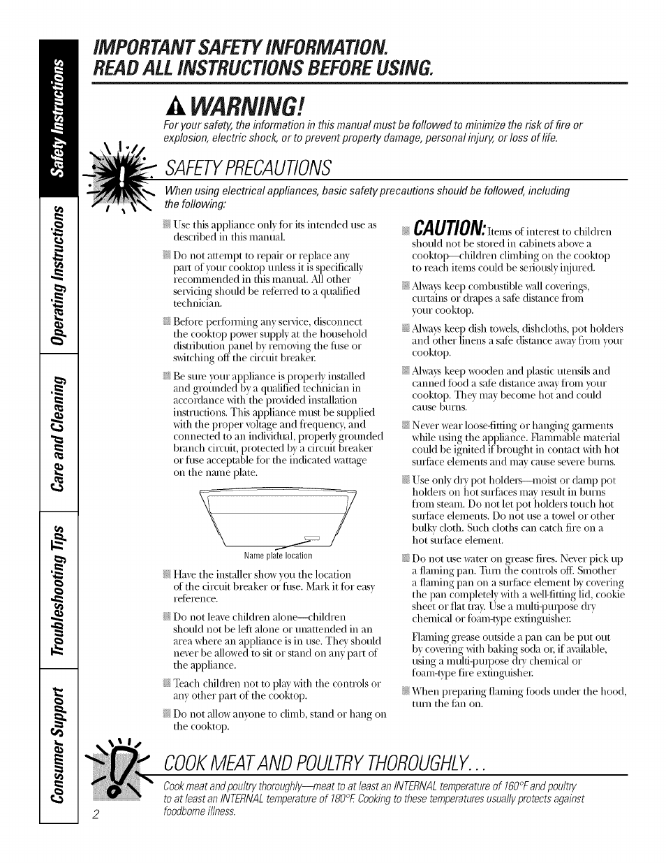Warning, Safety precautions, Cook meat and poultry thoroughly | Caution | GE ELECTRONIC TOUCH CONTROL PP980 User Manual | Page 2 / 20