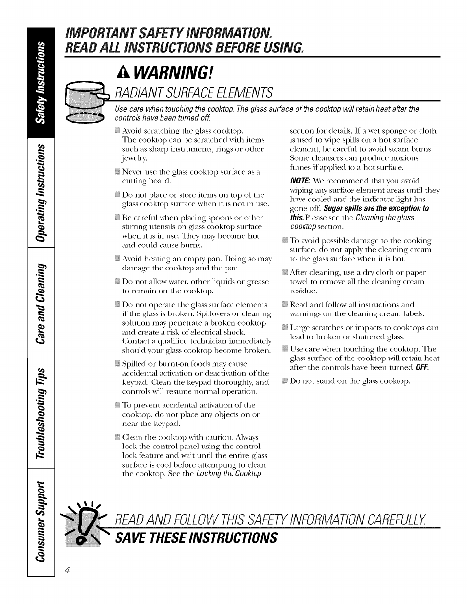 Warning! radiant surface elements, Read and follow this safety information carefully | GE ELECTRONIC TOUCH CONTROL PP980 User Manual | Page 4 / 20