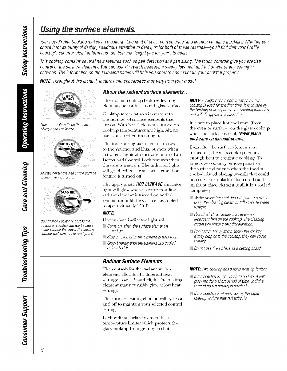 Radiant surface elements, Dual surface element, Using the surface elements | GE ELECTRONIC TOUCH CONTROL PP980 User Manual | Page 6 / 20