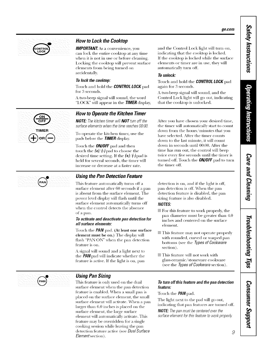 How to lock the cooktop, Howto operate the kitchen timer, Using the pan detection feature | Using pan sizing, Locking the cooktop, Pan detection feature | GE ELECTRONIC TOUCH CONTROL PP980 User Manual | Page 9 / 20