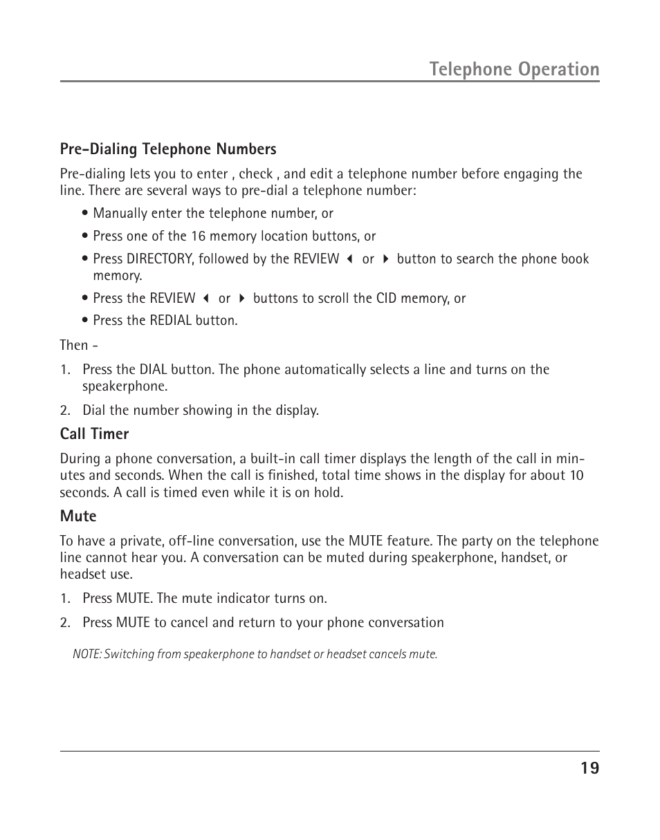 Telephone operation | GE 25202 User Manual | Page 19 / 76