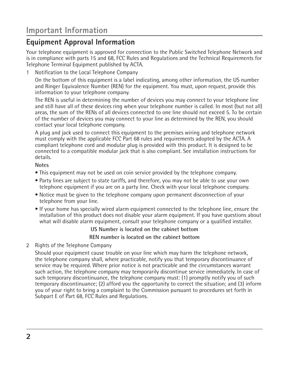 Important information, 2equipment approval information | GE 25202 User Manual | Page 2 / 76