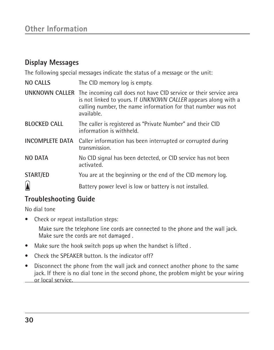 Other information, 0 display messages, Troubleshooting guide | GE 25202 User Manual | Page 30 / 76