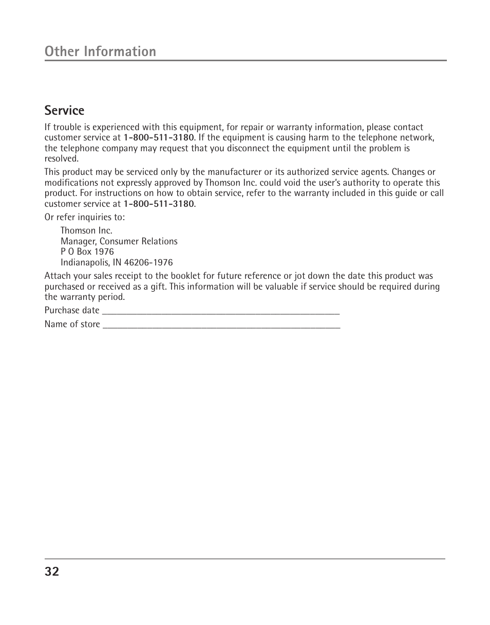 Other information, 2 service | GE 25202 User Manual | Page 32 / 76