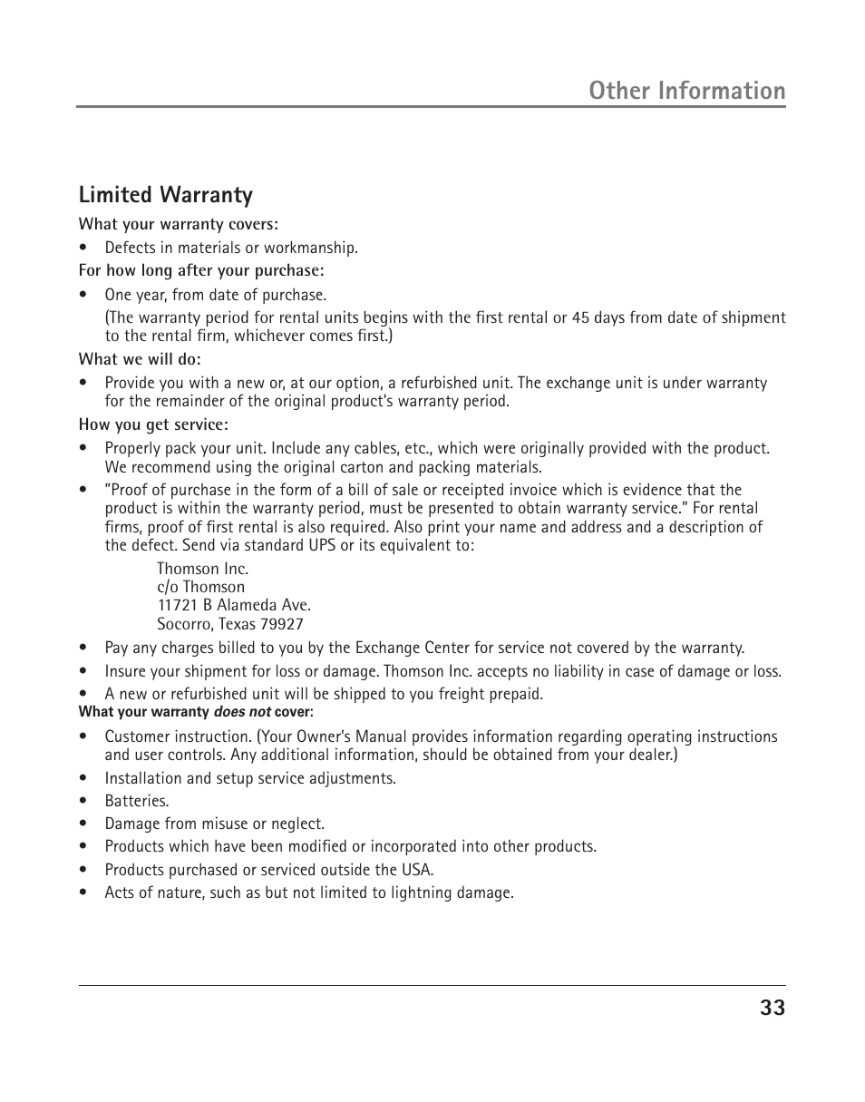 Other information, Limited warranty | GE 25202 User Manual | Page 33 / 76