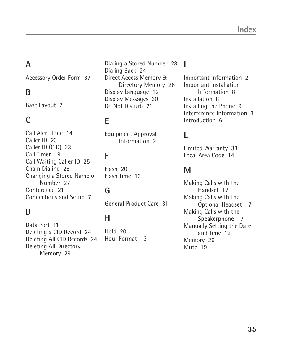 Index a | GE 25202 User Manual | Page 35 / 76