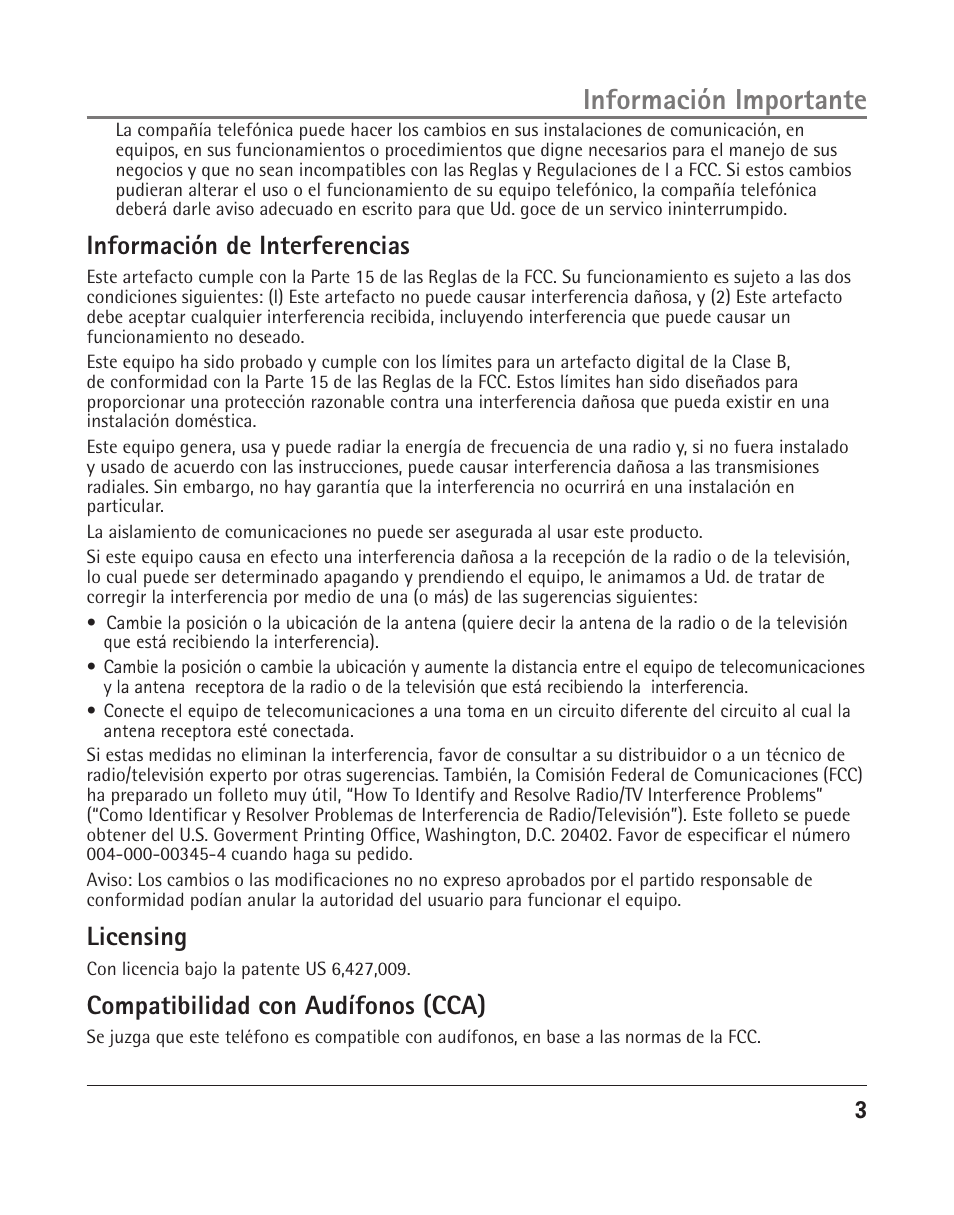 Información importante, Información de interferencias, Licensing | Compatibilidad con audífonos (cca) | GE 25202 User Manual | Page 41 / 76