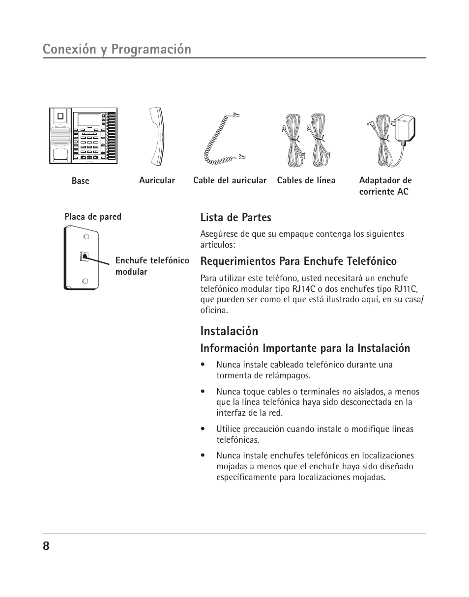 Conexión y programación, Instalación, Lista de partes | Requerimientos para enchufe telefónico, Información importante para la instalación | GE 25202 User Manual | Page 46 / 76