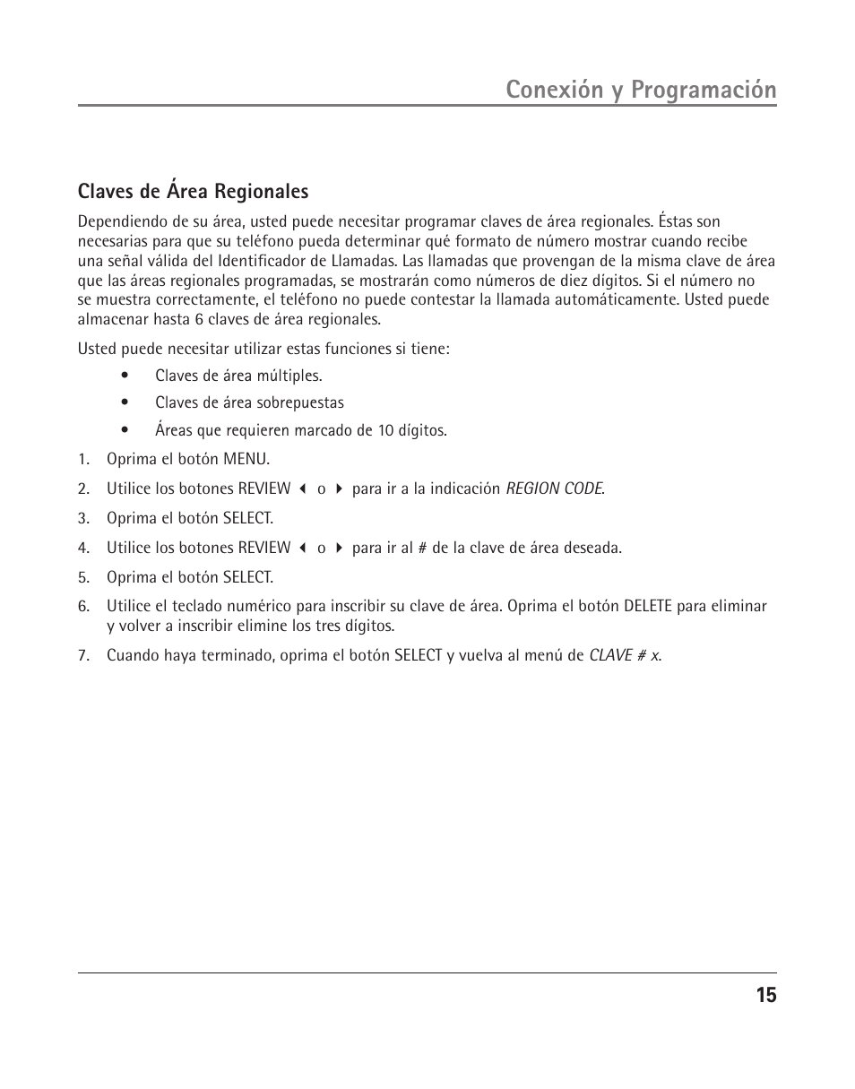 Conexión y programación, 1 claves de área regionales | GE 25202 User Manual | Page 53 / 76