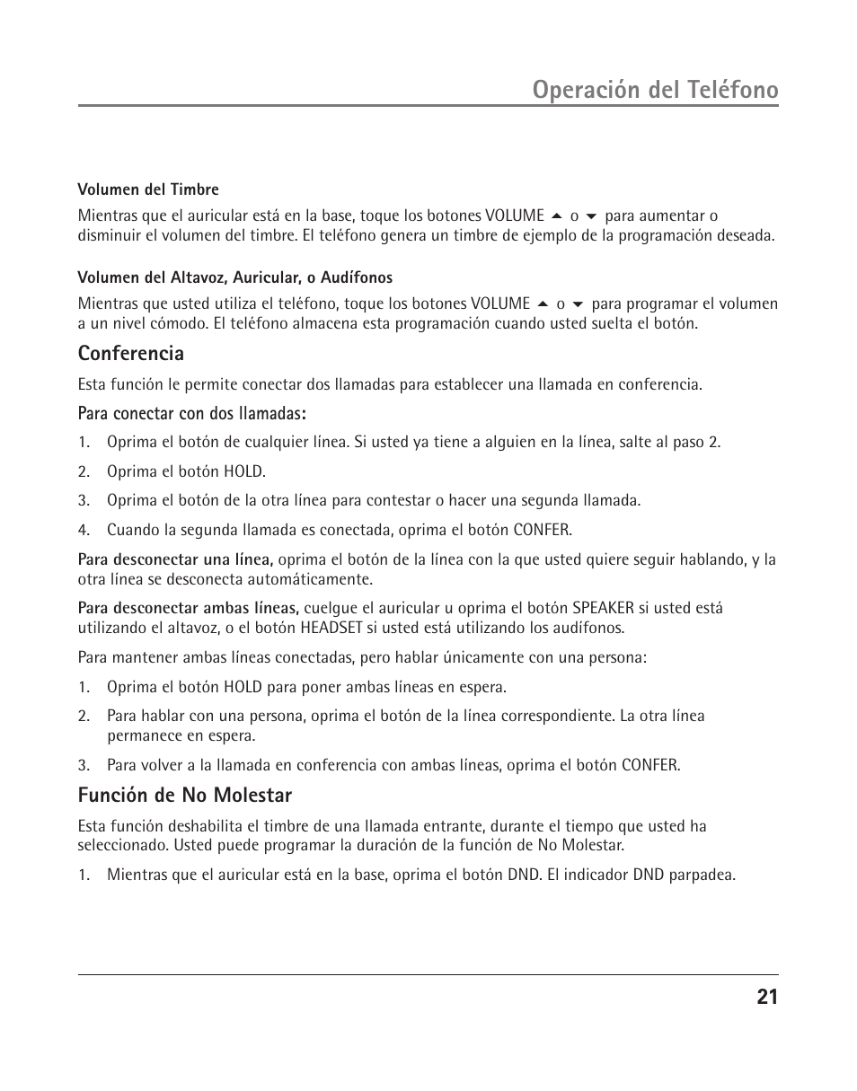 Operación del teléfono, Conferencia, Función de no molestar | GE 25202 User Manual | Page 59 / 76